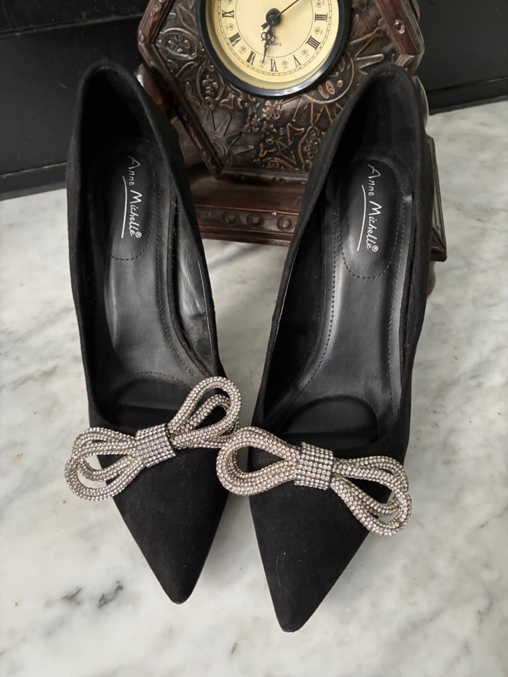 Anne Michelle Black Pointed Toe Heels with Rhinestone Bow